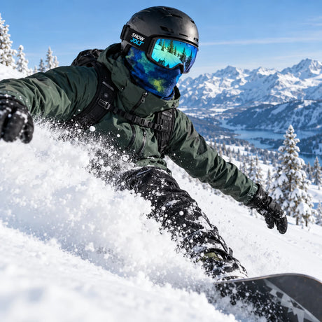 Snowboarder riding through powder wearing a blue Snow Jolt balaclava