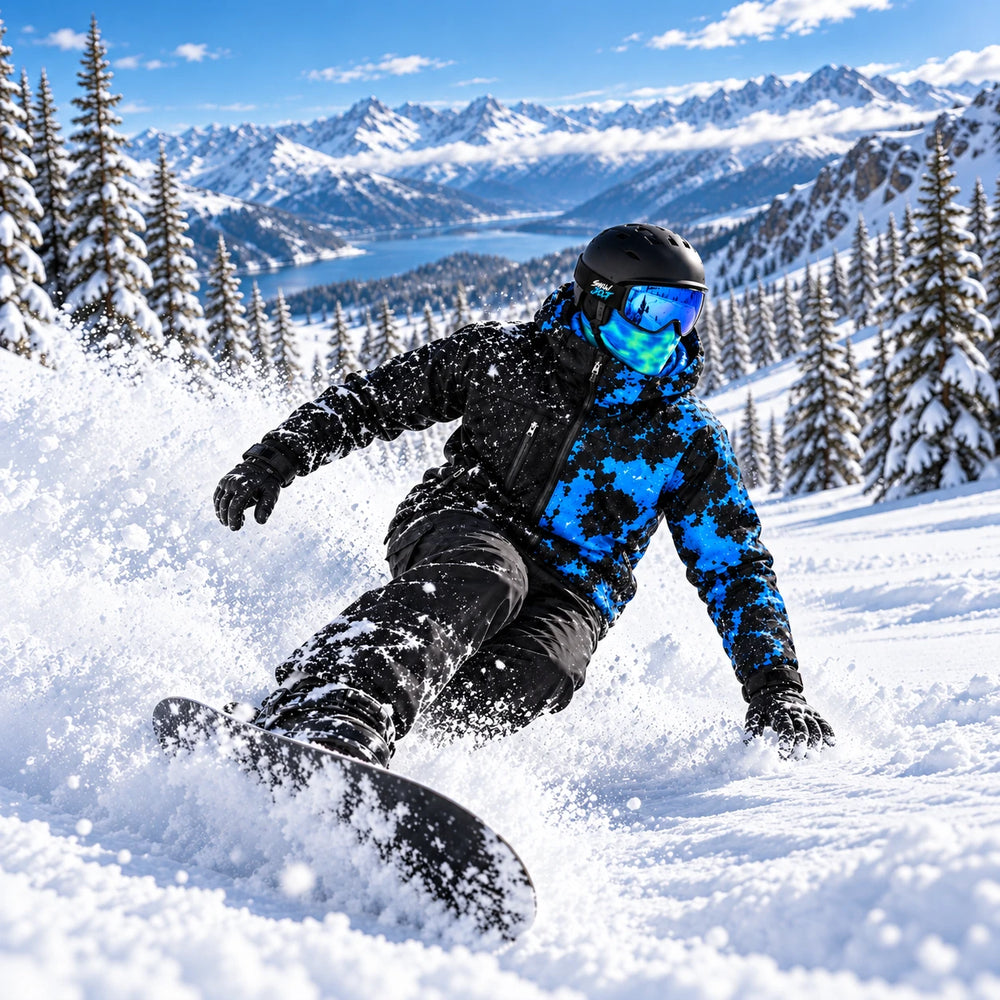 Snowboarder wearing the Snow Jolt Heat-Reactive Balaclava