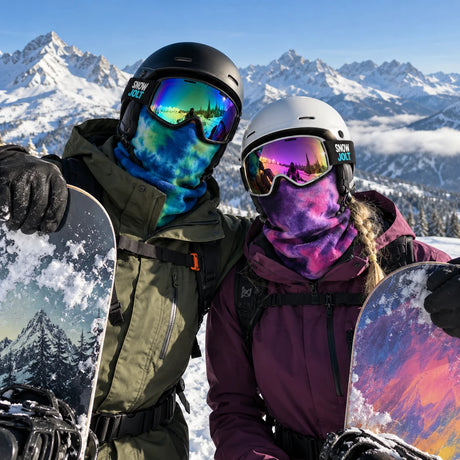 Two snowboarders posing with blue and purple Snow Jolt balaclavas