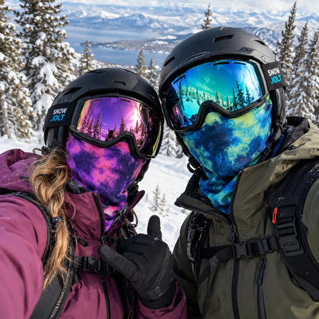 Couple taking a selfie in the snow wearing purple and blue Snow Jolt balaclavas