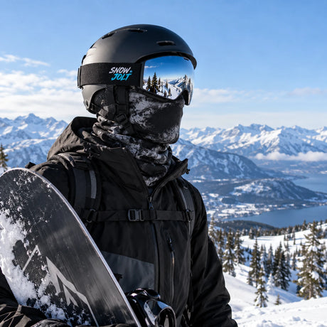 Snowboarder holding a board wearing a black and grey Snow Jolt balaclava